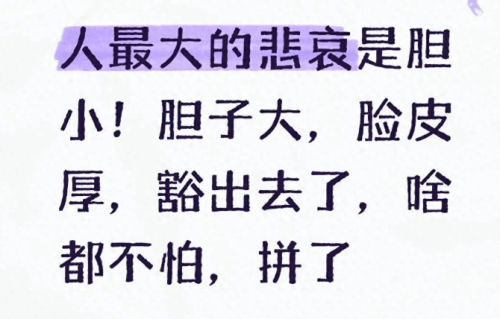 人最大的悲哀是胆小！胆子大，脸皮厚，豁出去了，啥都不怕，拼了