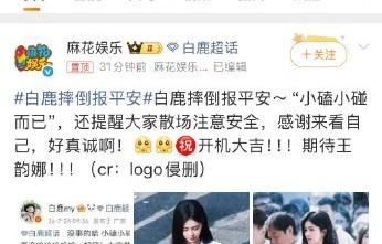 白鹿开机仪式摔倒报平安：自嘲“好笨”却暖哭网友
